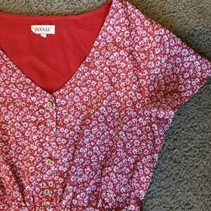 Roolee Red Floral Mini Dress V-Neck Lined Women's Size L Button Front Pockets